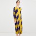Round Collar Long Sleeve Contrast Color Loose Waist Pleated Dress