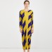 Round Collar Long Sleeve Contrast Color Loose Waist Pleated Dress