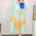 Round Neck Three Quarter Sleeve Loose Waist Printing Pleated Dress