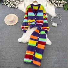 Rainbow Striped Knitted 2 Piece Set Women Long Sleeve V-Neck Sweater Jacket And Long Skirt Two Piece Set Autumn Winter Suits