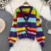 Rainbow Striped Knitted 2 Piece Set Women Long Sleeve V-Neck Sweater Jacket And Long Skirt Two Piece Set Autumn Winter Suits