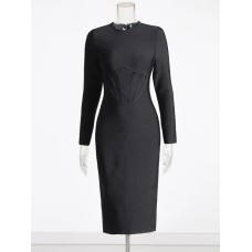Patchwork Folds Dresses For Women Round Neck Long Sleeve High Waist Tunic Solid Slimming Dress