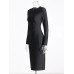Patchwork Folds Dresses For Women Round Neck Long Sleeve High Waist Tunic Solid Slimming Dress