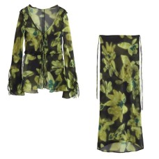 Green Print Chiffon Blouse and Skirt Women Skirts Set Semi-sheer Tops Boho 2 Piece Set Summer Chic Lady Female Green Print Chiffon Blouse and Skirt Women Skirts Set Semi-sheer Tops Boho 2 Piece Set Summer Chic Lady Female