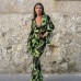 Green Print Chiffon Blouse and Skirt Women Skirts Set Semi-sheer Tops Boho 2 Piece Set Summer Chic Lady Female 