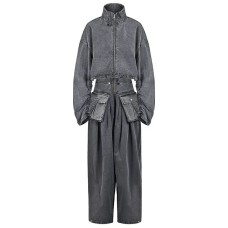 Blue Two Piece Suit Denim Jacket Big Size Wide Leg Pants New Stand Collar Women Fashion Tide Spring Autumn 
