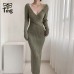 Knitting Sweater Dress Slim Bodycon  V Neck Lady Casual Knitwear Dresses