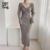 Knitting Sweater Dress Slim Bodycon  V Neck Lady Casual Knitwear Dresses