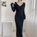 Knitting Sweater Dress Slim Bodycon  V Neck Lady Casual Knitwear Dresses