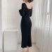 Knitting Sweater Dress Slim Bodycon  V Neck Lady Casual Knitwear Dresses