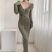Knitting Sweater Dress Slim Bodycon  V Neck Lady Casual Knitwear Dresses