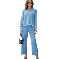 Loungewear suit 2 piece long sleeved knitted sweater top wide leg pants casual suit