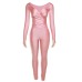 Autumn Solid Casual Two Piece Set Women Sexy Wrapped V Neck Off Shoulder Gloves Long Sleeve Crop Top Slim Split Pants Suits