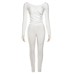 Autumn Solid Casual Two Piece Set Women Sexy Wrapped V Neck Off Shoulder Gloves Long Sleeve Crop Top Slim Split Pants Suits