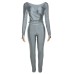 Autumn Solid Casual Two Piece Set Women Sexy Wrapped V Neck Off Shoulder Gloves Long Sleeve Crop Top Slim Split Pants Suits