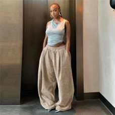 Corduroy Oversized Streetwear Pants Women Elastic Waist Pockets Loose Casual Trousers Fashion Wide Leg Pants All Match Bottoms