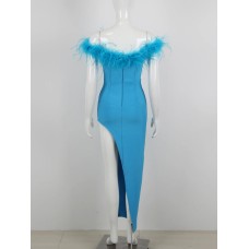 Ladies Blue Off The Shoulder Celebrity Evening Feather Bandage Long Dress Women Sexy Strapless Split Open Leg Club Party Dresses Ladies Blue Off The Shoulder Celebrity Evening Feather Bandage Long Dress Women Sexy Strapless Split Open Leg Club Party Dresses