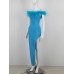 Ladies Blue Off The Shoulder Celebrity Evening Feather Bandage Long Dress Women Sexy Strapless Split Open Leg Club Party Dresses