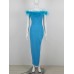 Ladies Blue Off The Shoulder Celebrity Evening Feather Bandage Long Dress Women Sexy Strapless Split Open Leg Club Party Dresses