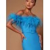 Ladies Blue Off The Shoulder Celebrity Evening Feather Bandage Long Dress Women Sexy Strapless Split Open Leg Club Party Dresses