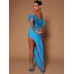 Ladies Blue Off The Shoulder Celebrity Evening Feather Bandage Long Dress Women Sexy Strapless Split Open Leg Club Party Dresses