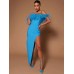 Ladies Blue Off The Shoulder Celebrity Evening Feather Bandage Long Dress Women Sexy Strapless Split Open Leg Club Party Dresses