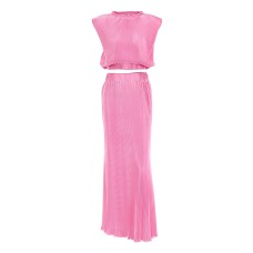 Fashion 2 Pieces Set Women Round Collar Sleeveless Loose Top + Elastic Waist A Line Skirt Solid Color Female