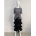 Pleated Gradient Color Dress Women Belt Short Sleeve Round Collar Ruffles Autumn Female Fashion New Clothing