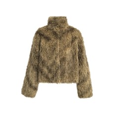 Fashion Women's Faux Fur Coat Stand Collar Covered Button Long Sleevebrown Loose Thick Warm Jackets Winter 