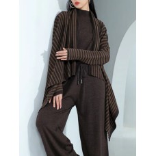Knitted Striped Coats Women Lapel Full Sleeve Irregular Hem Loose Versatile Elegant Outwear New Knitted Striped Coats Women Lapel Full Sleeve Irregular Hem Loose Versatile Elegant Outwear New