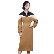 Color Block Women Dress Lapel Full Sleeve Elastic Waist Medium Long New  Fashion Vintage Style Female Cloth 