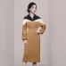 Color Block Women Dress Lapel Full Sleeve Elastic Waist Medium Long New  Fashion Vintage Style Female Cloth 