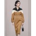 Color Block Women Dress Lapel Full Sleeve Elastic Waist Medium Long New  Fashion Vintage Style Female Cloth 