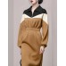 Color Block Women Dress Lapel Full Sleeve Elastic Waist Medium Long New  Fashion Vintage Style Female Cloth 