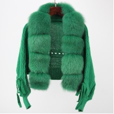 Patchwork Faur Fur Women Coat Full Sleeve Knitted Solid Color V Neck Versatile Elegant Outwear Clothing New