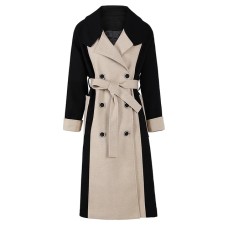 Elegant Contrast Color Patchwork Woolen Coat Women Long Sleeve With Lace-up Cashmere Overcoat  Autumn 