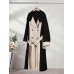Elegant Contrast Color Patchwork Woolen Coat Women Long Sleeve With Lace-up Cashmere Overcoat  Autumn 
