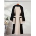 Elegant Contrast Color Patchwork Woolen Coat Women Long Sleeve With Lace-up Cashmere Overcoat  Autumn 