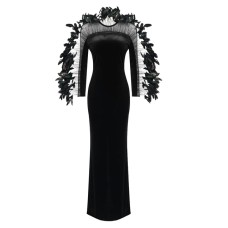 Evening Party Black Dress Women Feather Design Long Sleeve Soft Velvet Dress  Spring New Fashion Wear