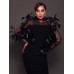 Evening Party Black Dress Women Feather Design Long Sleeve Soft Velvet Dress  Spring New Fashion Wear