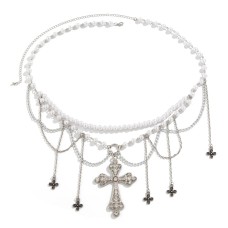 Cross tassel waist chain, female decorative body chain, imitation pearl retro beaded waist chain