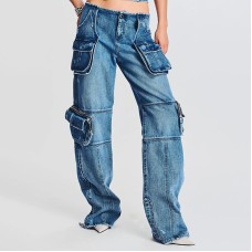 Fashion trendsetter autumn mid waist buckle multi pocket workwear version floor mopping loose denim women's casual pants