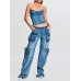 Fashion trendsetter autumn mid waist buckle multi pocket workwear version floor mopping loose denim women's casual pants