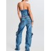 Fashion trendsetter autumn mid waist buckle multi pocket workwear version floor mopping loose denim women's casual pants