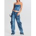Fashion trendsetter autumn mid waist buckle multi pocket workwear version floor mopping loose denim women's casual pants