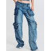 Fashion trendsetter autumn mid waist buckle multi pocket workwear version floor mopping loose denim women's casual pants