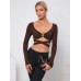 Hollow out slim fit ultra short long sleeved knitted sweater fashion top