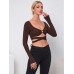 Hollow out slim fit ultra short long sleeved knitted sweater fashion top