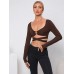 Hollow out slim fit ultra short long sleeved knitted sweater fashion top