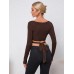 Hollow out slim fit ultra short long sleeved knitted sweater fashion top